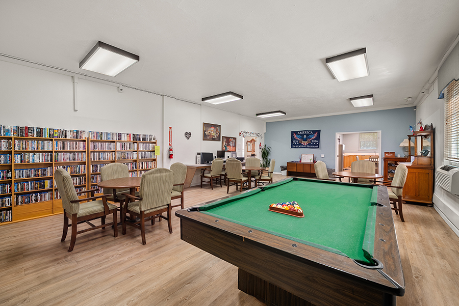 Recreation room featuring a pool table and bookshelves.