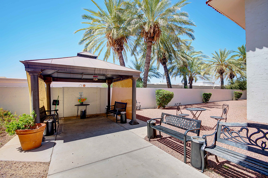 Outdoor seating area shaded by a gazebo and palm trees.