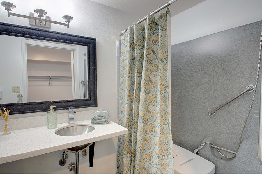 Modern bathroom with decorative shower curtain and mirror.