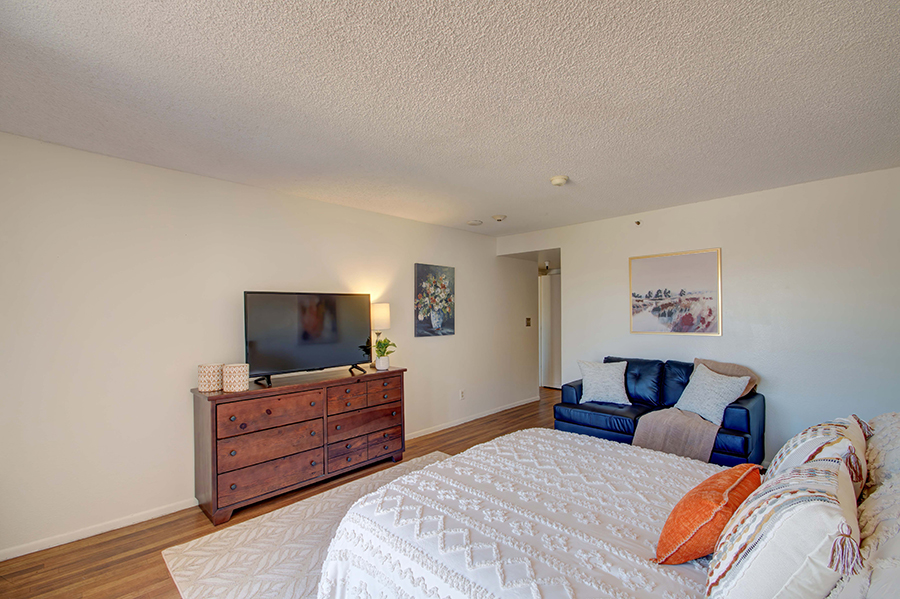 Cozy bedroom with TV, couch, and decorative touches.