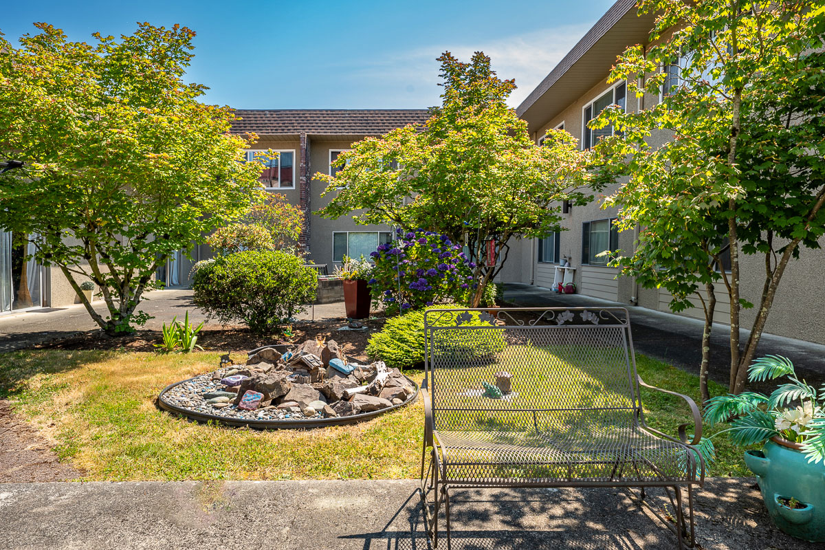 Courtyard with trees, plants, and a decorative seating area.