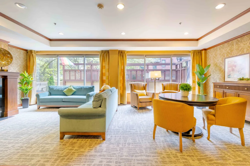 Cozy living room with yellow curtains and modern furnishings.