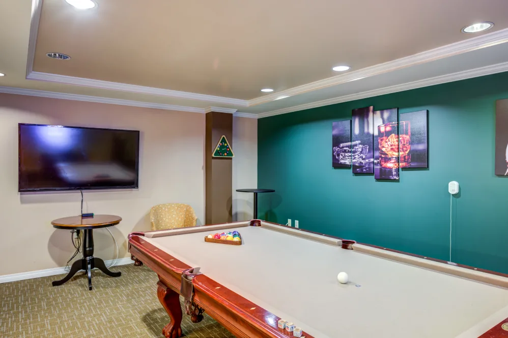 Game room with pool table, TV, and artwork on walls.
