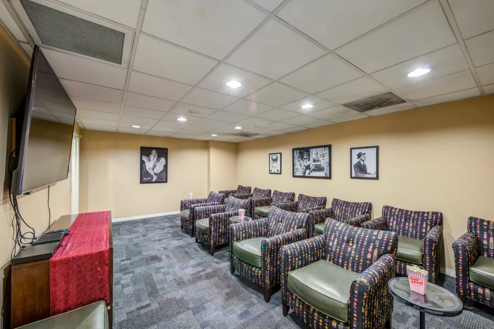 Cozy lounge with patterned chairs and television.