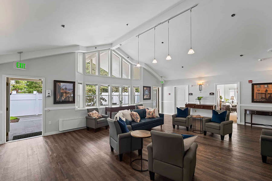 Bright, open lounge with comfortable seating and modern decor.