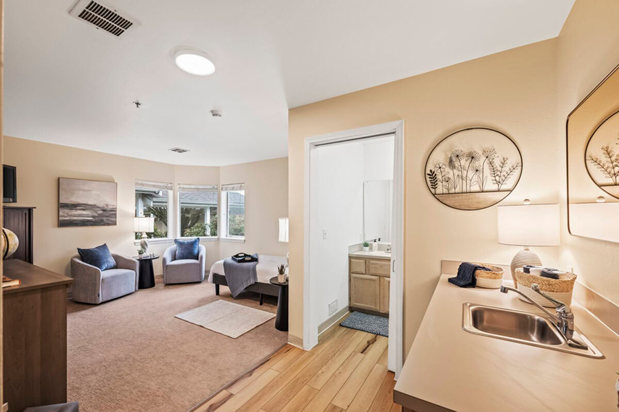 Cozy living space with kitchenette and natural light.