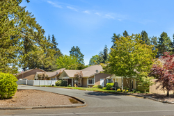 Suburban homes surrounded by trees and clear blue sky.