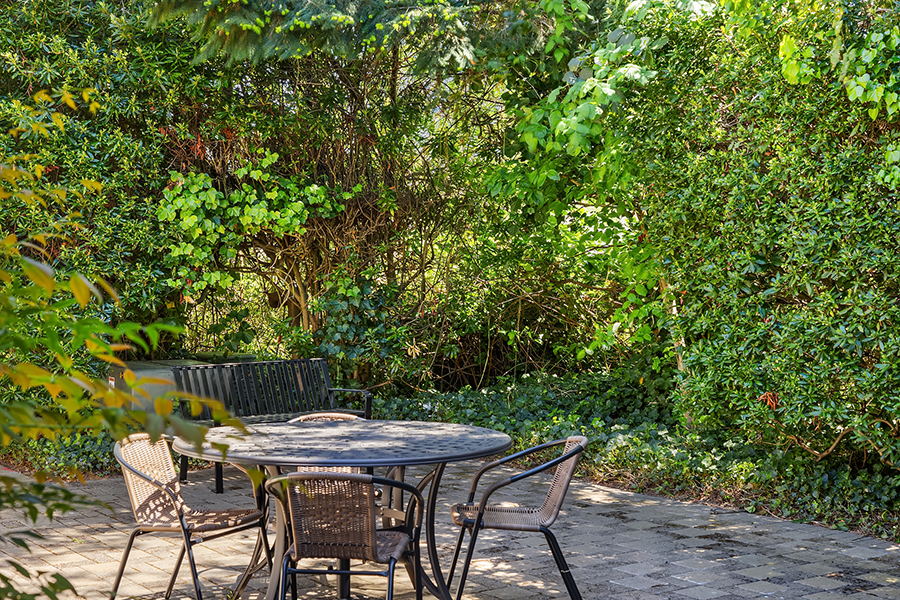 A serene outdoor patio surrounded by lush greenery.