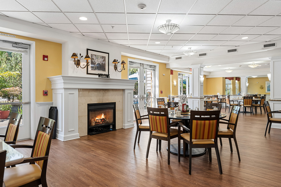 Bright dining area with fireplace and comfortable seating.