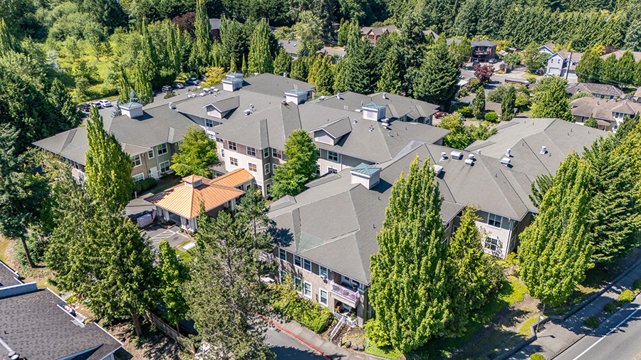 Aerial view of a residential community surrounded by greenery.