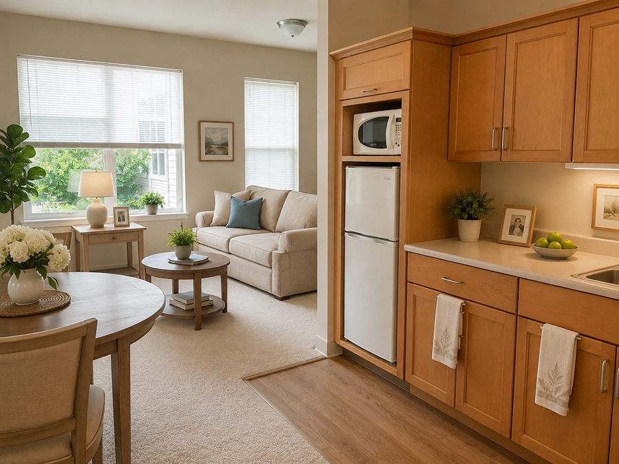 Cozy living space with kitchen, sofa, and dining area.