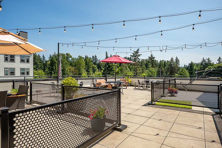 Rooftop patio with chairs, umbrellas, and scenic greenery.