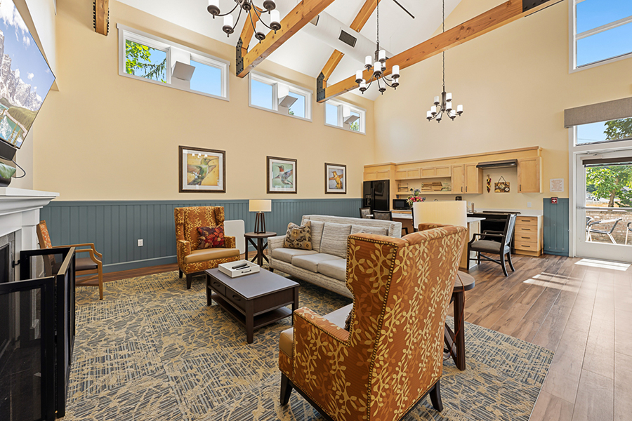 Bright, spacious living area with cozy furniture and kitchen.
