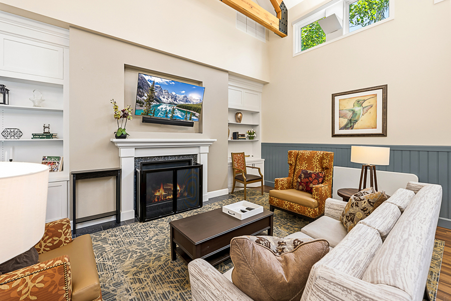 Cozy living room with fireplace and modern decor.