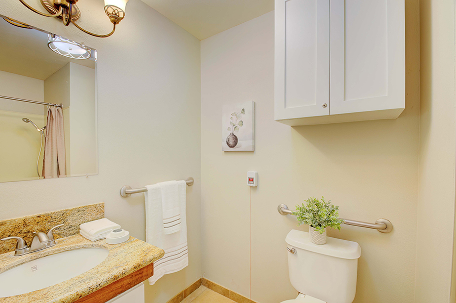 Clean, modern bathroom with sink, toilet, and decor.