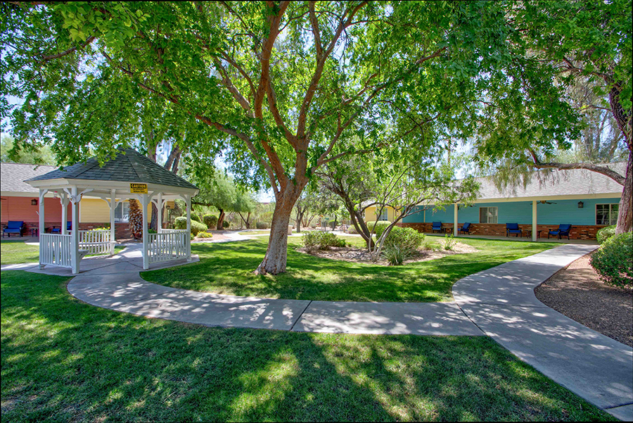 Lush garden with gazebo and winding pathways among colorful buildings.