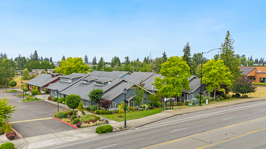 Row of houses with green trees along a quiet street.