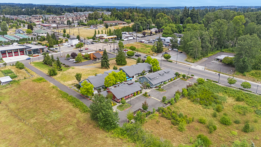 Aerial view of residential and commercial area with greenery.