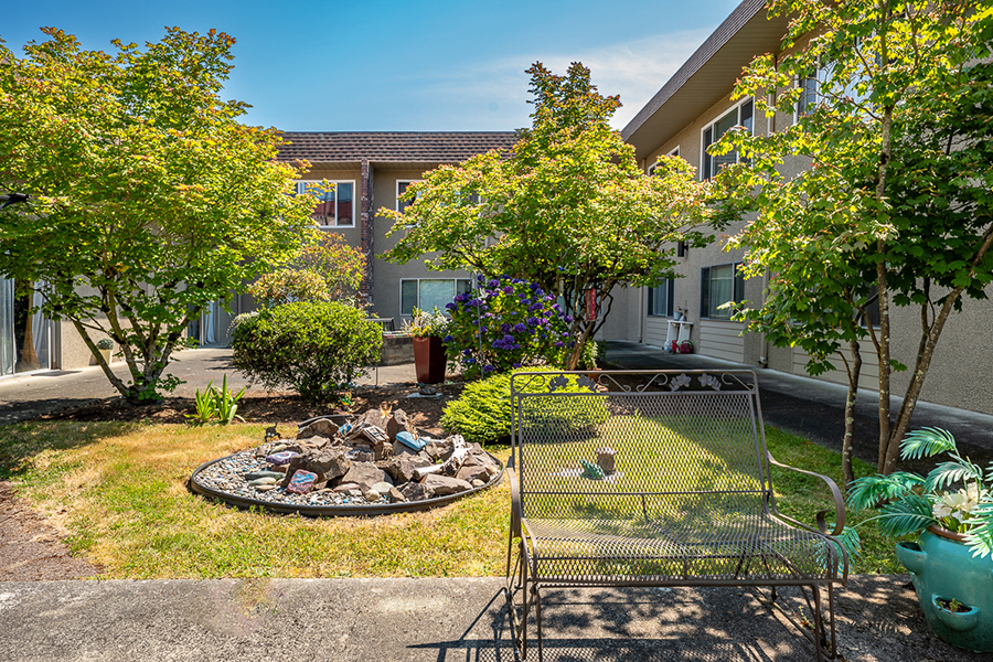 Lush garden area with seating and decorative stones.