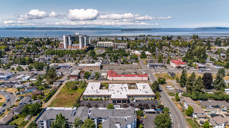 Aerial view of a residential area near a waterfront.