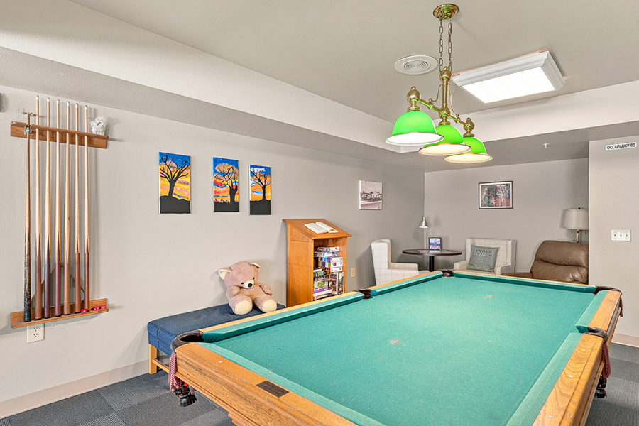 Cozy room with a pool table and artwork on walls.
