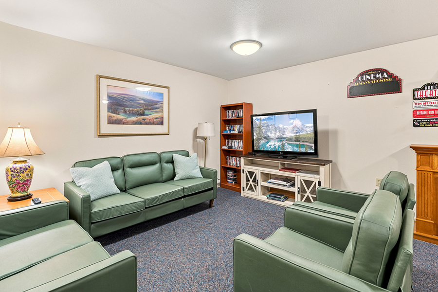 Cozy room with green sofas, TV, and bookshelf.