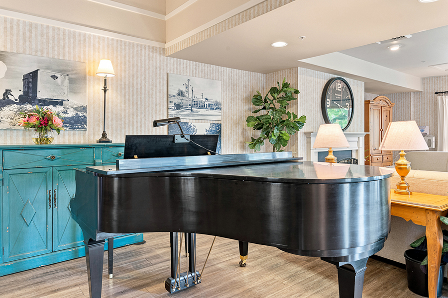Elegant interior featuring a grand piano and decorative elements.