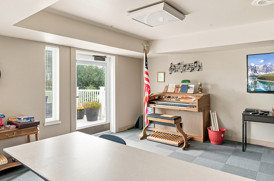 Bright room with piano, American flag, and large windows.