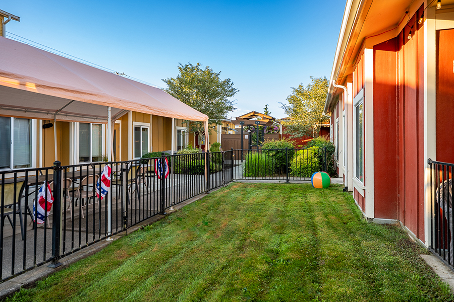 Colorful garden area with a tent and playground ball.