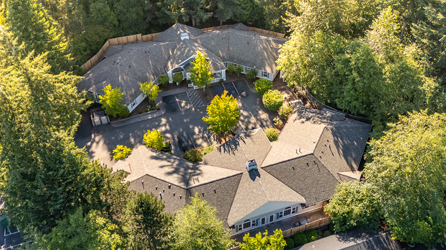 Aerial view of a landscaped building surrounded by trees.