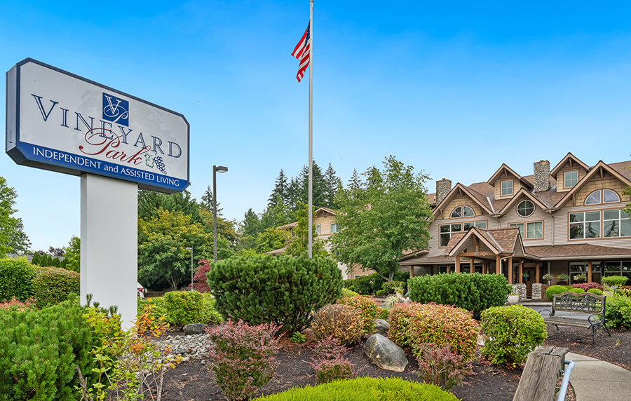 Vineyard Park sign outside a residential living facility.