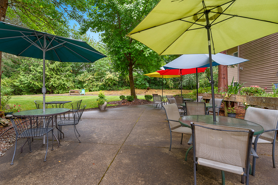 Outdoor seating area with colorful umbrellas and greenery.