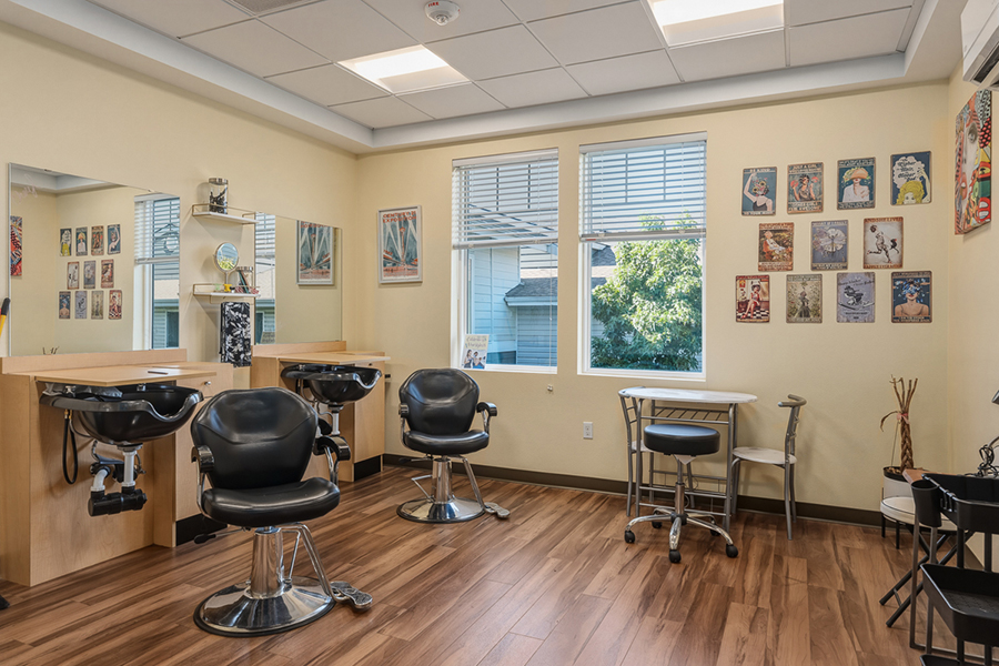 Modern salon interior with chairs, mirrors, and artwork.