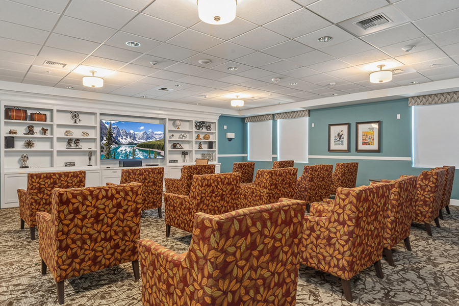 Cozy meeting room with leaf-patterned chairs and TV.