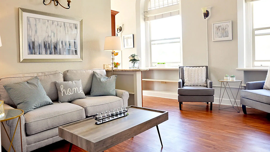 Cozy living room with stylish furniture and natural light.