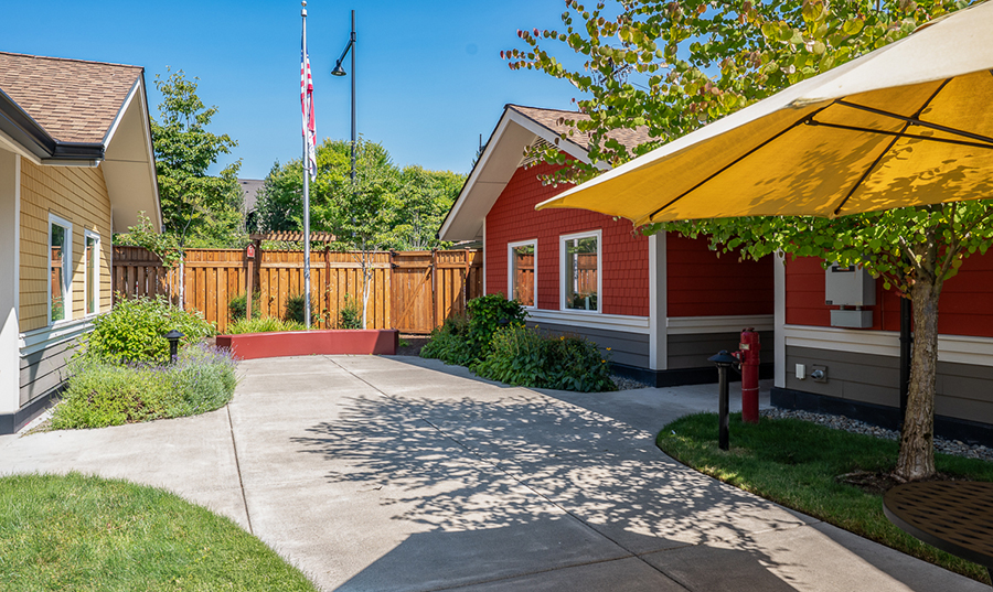 Charming outdoor landscape with colorful houses and greenery.