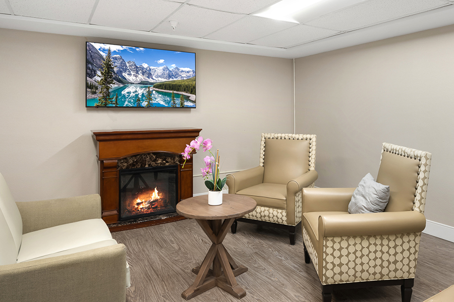 Cozy sitting area with fireplace and scenic television display.