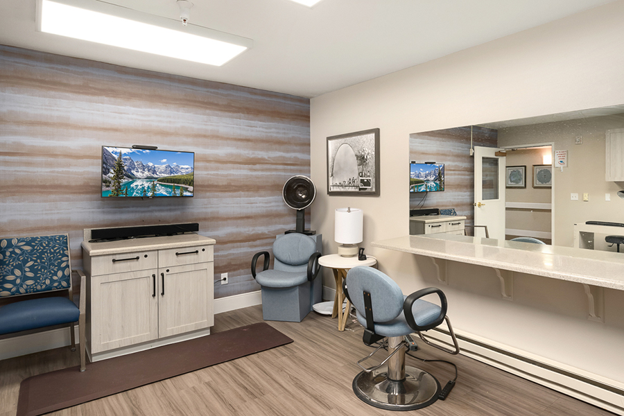 Stylish salon interior with TV and modern furnishings.
