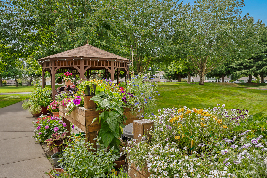 Beautiful garden gazebo surrounded by vibrant flowers and greenery.