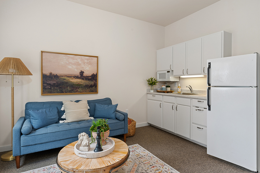 Cozy living space with kitchen, art, and comfortable furniture.