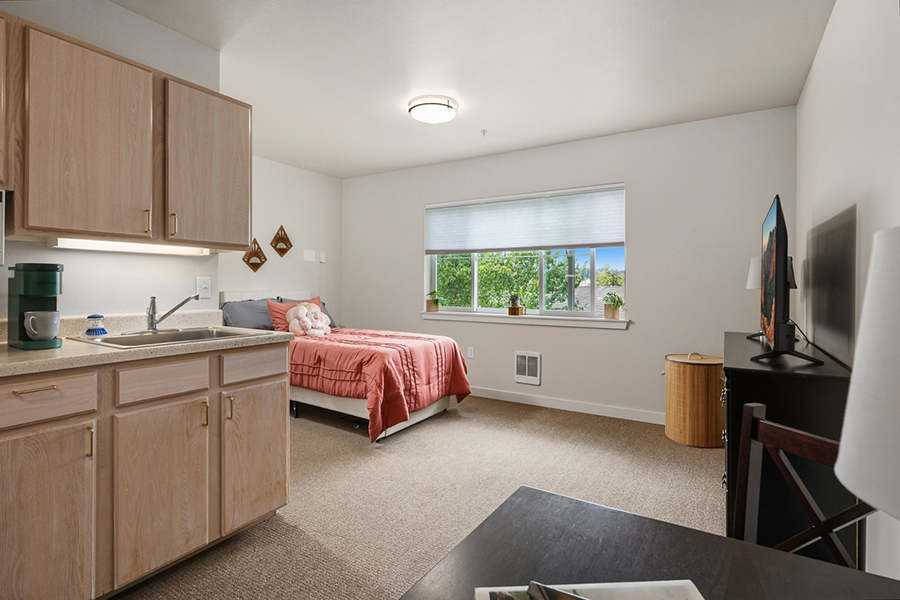 Cozy studio apartment with kitchen, bed, and window view.