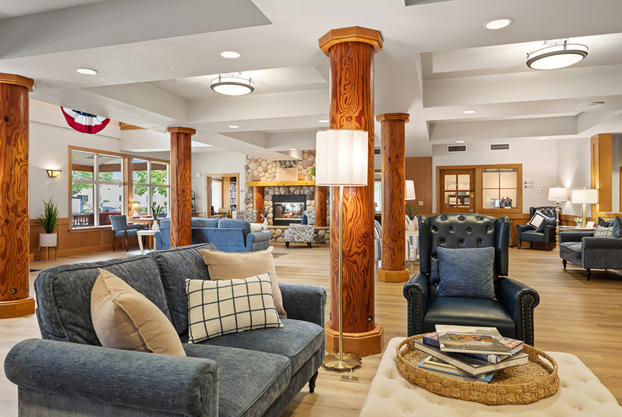Cozy living area with comfortable seating and warm lighting.