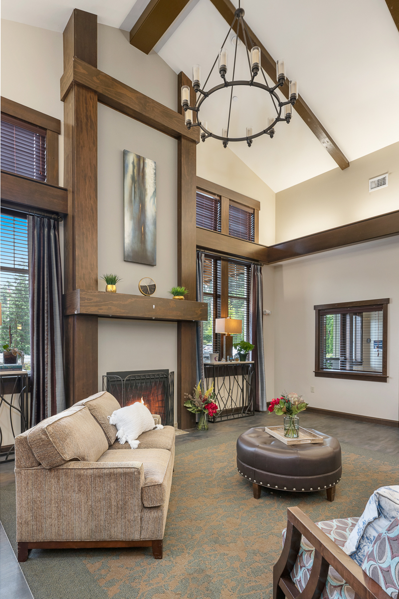Cozy living room with modern decor and warm lighting.