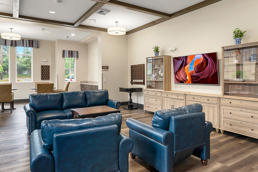 Cozy living area with blue couches and a television.