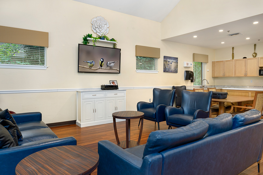 Cozy lounge area with seating, television, and kitchenette.