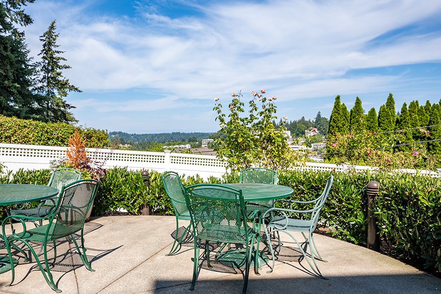 Outdoor seating area with green tables and scenic view.