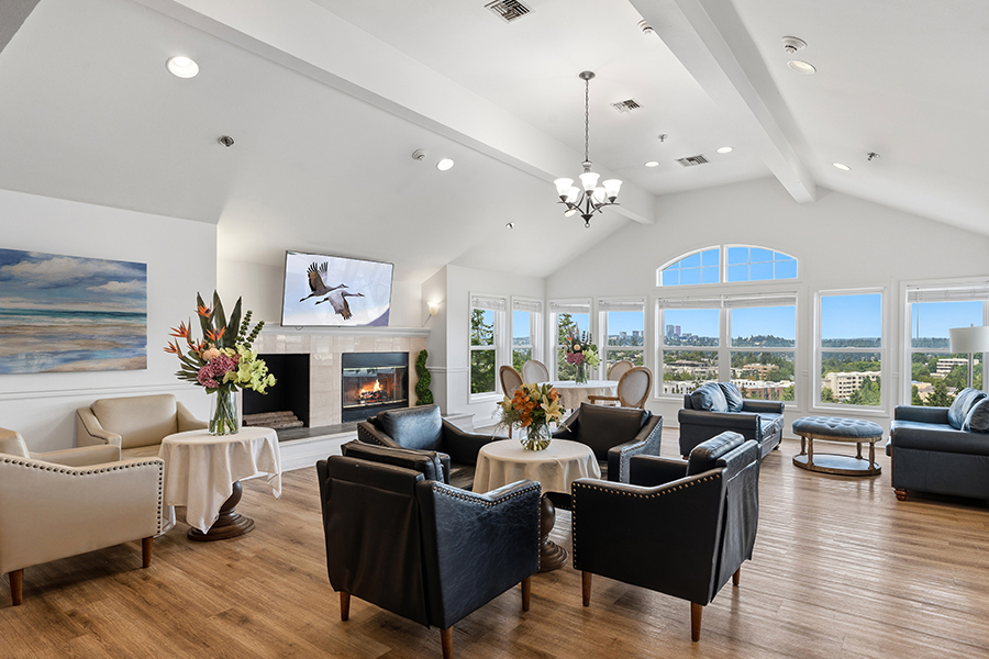 Bright, airy lounge with comfortable seating and scenic views.