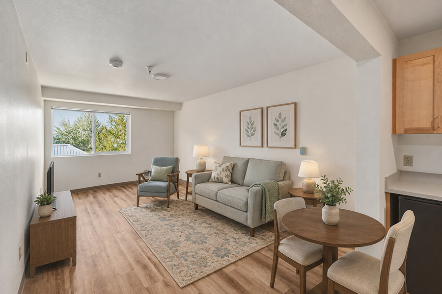 Cozy, modern living room with natural light and greenery.