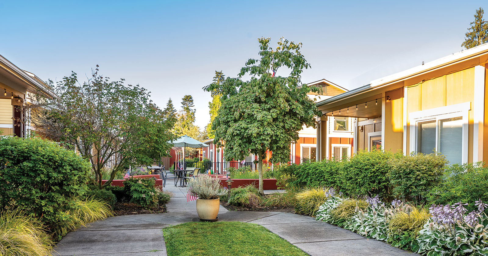 Lush courtyard with colorful buildings and greenery.