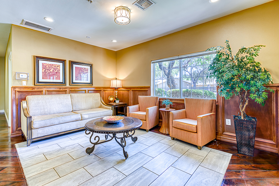 Cozy lounge with comfortable seating and natural light.